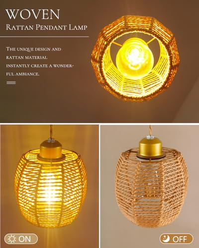 Boho Rattan Pendant Light, Hand-Woven Rattan Pendant Lighting, 4.7″ Small Wicker Chandelier, Woven Hanging Light Fixture for Kitchen Island Dining Room Bedroom Hallway - color: 4.72″-Drum-shape