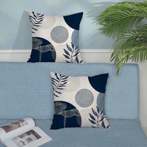 Boho Pillow Covers 18x18 Inch Set of 2 Mid Century Navy Blue Throw Pillow Covers Outdoor Decor Modern Abstract Tropical Leaf Pillowcase Farmhouse Decorative Square Cushion Cover For Sofa Couch - color: Boho-navy Blue-b, size: 18" x 18" (Pack of 2)