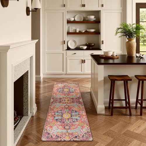Lahome Reine Bohemian Washable 2x5 Hot Pink Kitchen Runner Rug, Non Slip Bathroom Laundry Room Rug Runner, Floral Medallion Soft Carpet Runners for Entryway Hallway Foyer Decor - color: Fuchsia/Multi, size: 2' x 5' (Runner)