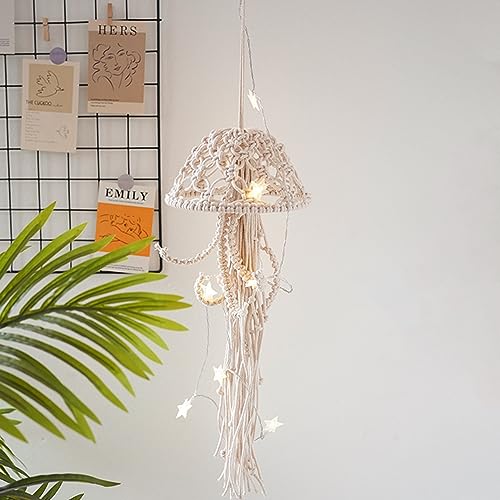 Macrame Wall Hanging,Jellyfish Dream Catcher with Star Lights,Bohemian Woven Wall Art Decor Beautiful Apartment Dorm Room Door Decoration (White) - color: White
