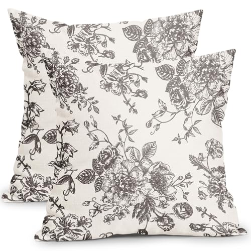Vintage Floral Pillow Covers 18x18 Inch Set of 2 Black Brown and Cream Floral Throw Pillow Covers Chinoiserie Flower Pillowcases Rustic Farmhouse Cotton Linen Cushion Covers for Couch Bed Sofa Decor - color: Black Brown, size: 18" x 18" (Pack of 2)