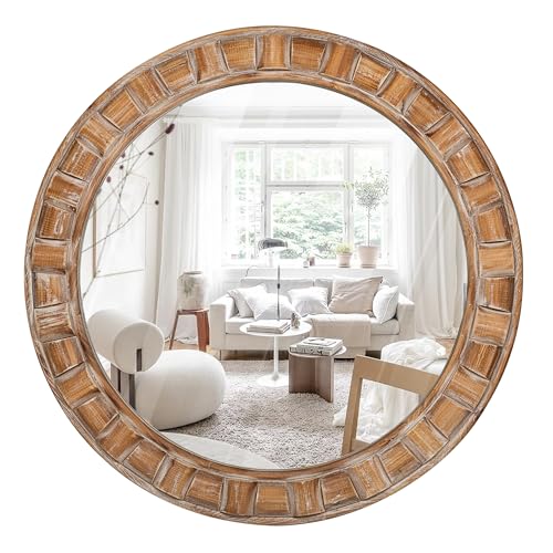 30 Inch Brown Solid Wood Round Wall Mirrors, Decorative Circle Mirror for Bathroom, Bedroom, Living Room, Hallway, Foyer, Entryway - color: B - Circle -30x30 in