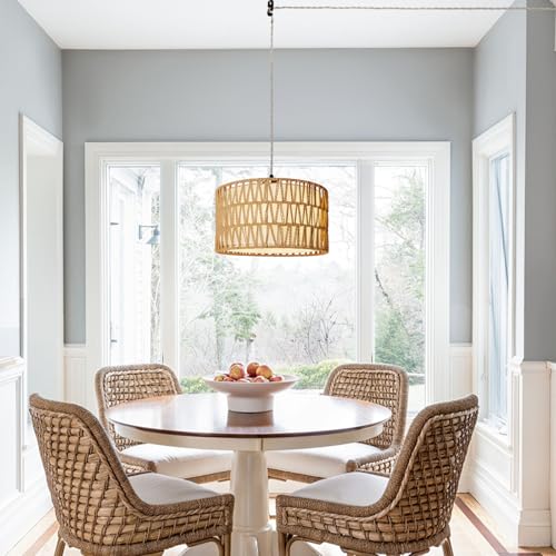 HuisMier Plug in Pendant Light Rattan Hanging Lamp 15 Ft Boho Hanging Lights with Rattan Woven & Fabric 2 in 1 Shade, Dimmable Plug in Pendant Light for Living Room Bedroom Dining Room - color: Beige and White
