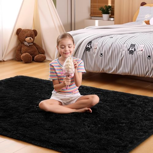 Black Rugs for Bedroom, 4x6 Fluffy Small Area Rugs for Living Room, Soft Shag Fuzzy Non-Slip Carpet for Kids Boys and Girls Nursery Room Dorm Indoor Home Decor (Black, 4ft x 6ft) - color: Black, size: 4' x 6' (Rectangular)