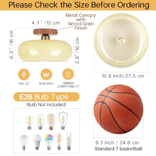 Mid Century Modern Schoolhouse Semi Flush Mount Ceiling Light, Cream Glass Lamp with Wood Grain Metal Base, Rustic Farmhouse Lighting Fixture for Bedroom, Hallway, Dining, Living, Entryway - color: Cream Milk A