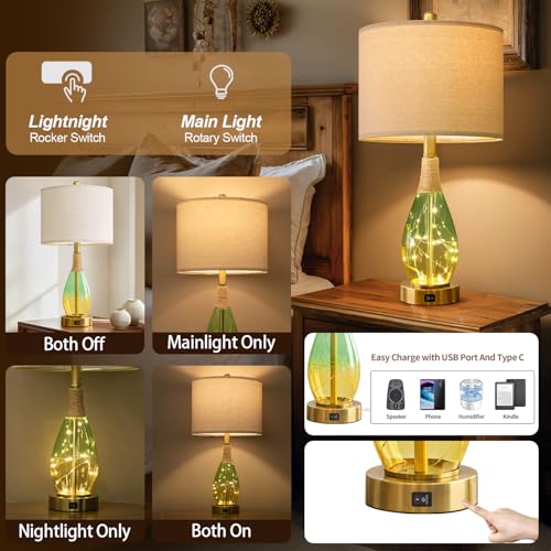OYEARS 23" Table Lamps Set of 2,Farmhouse Lamps with Glass Nightlight, Bedside Lamps for Living Room, Rattan Lamps for Bedroom Nightstands, Two Light Points - color: Yellow Green