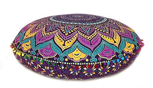 CRAFT KALA Mandala Floor Pillow Cushion Cover Seating Throw Cover Hippie Decorative Bohemian Ottoman Poufs Pom Pom Pillow Cases Boho Indian Cotton Living Room Yoga Home Décor 24" Round, New Pink Ombre - color: New Pink Ombre, size: 24" x 24" (Pack of 1)