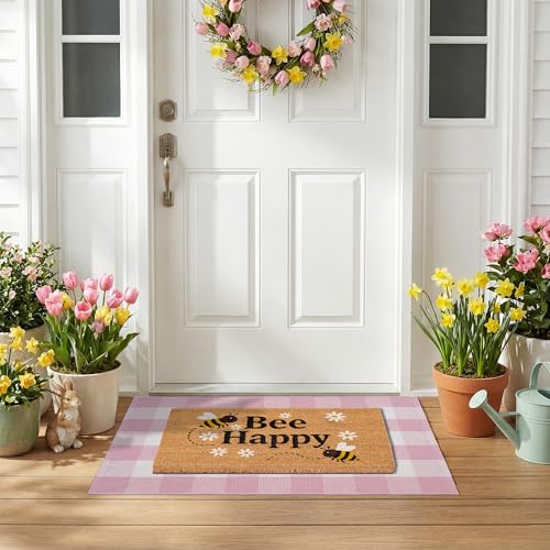 Bee Happy Layered Doormat Set, Spring Door Mat with Printed Coir Welcome Mat and Plaid Layering Rug, Farmhouse Front Door Entryway Decorative Porch Mat (Pink, 2'4" x 3'7") - color: Pink, size: 3'7" x 2'4" (Rectangular)
