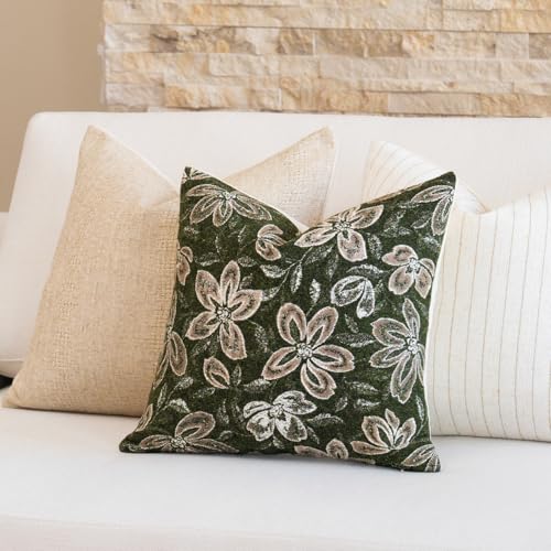 FIOUOVO Floral Throw Pillow Covers 20x20 Set of 2 Farmhouse Pillow Covers Vintage Neutral Accent Pillowcases Decorative Cushion Covers for Sofa Couch Living Room Bedroom Home Decor, Olive Green - color: Olive Green, size: 20" x 20" (Pack of 2)