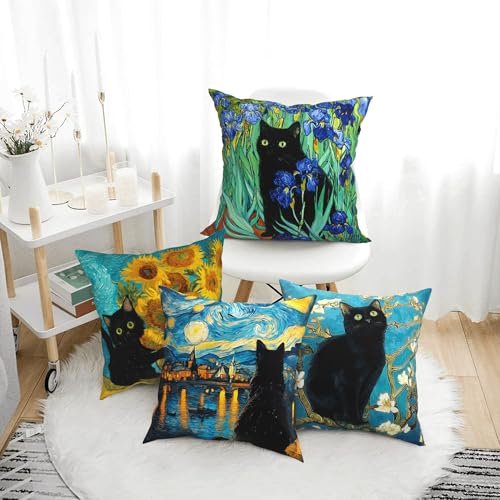 Black Cat Throw Pillow Covers 18 X 18 Inch Set of 4 Decorative Cushion Cover Home Decor for Sofa Chair Couch Bedroom Living Room - color: Black Cat