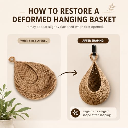 Boho Decor Hanging Fruit Baskets for Kitchen, 3 Pack Handwoven Teardrop Wall Hanging Baskets with Hooks, Storage for Fruits, Onions, Vegetables & Potatoes, 3 Sizes for Home, Linen - color: Linen