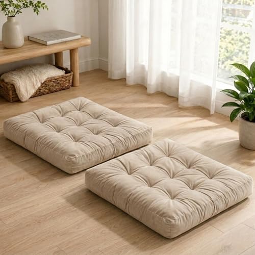 Floor Pillows for Adults Set of 2, Soft Velvet Floor Cushions for Sitting, Square Tufted Floor Pillow Set for Reading Nook, Living Room, Bedroom, 22 x 22 Inch, Beige - color: Beige, size: 2pack