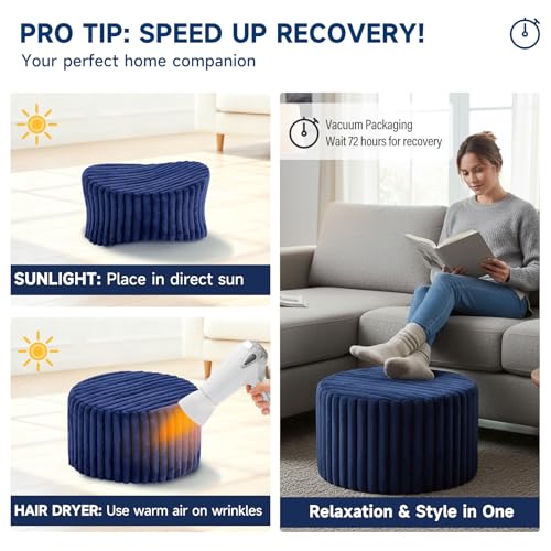 Tiita Round Stuffed Pouf Ottoman, Stripe Faux Fur Poufs with Foam Chunk Filling, Furry and Fluffy Pouf 21×21×12 inch Foot Stool Storage Ottoman,Puff Office Foot Rest for Couch Living Room, Navy Blue - color: Striped Round Navy Blue