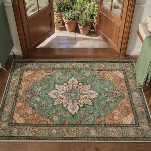 Tangsoo 2x3 Rugs for Entryway, Washable Vintage Non Slip Small Area Rug, Indoor Front Door Rug, Print Door Mat Small Carpet, Soft Low Pile Rugs for Entrance Kitchen Bedroom Home Decor - color: Tan/Green, size: 2' X 3' (Rectangular)