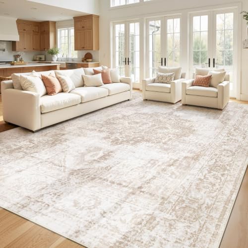 Area Rug 10x14 Vintage Rug: Large Washable Indoor Medallion Rugs Low Pile Distressed Floor Carpet Retro Accent Rug for Living Room Bedroom Dining Room Home Office(Beige, 10'x14') - color: Beige, size: 10' x 14' (Rectangular)