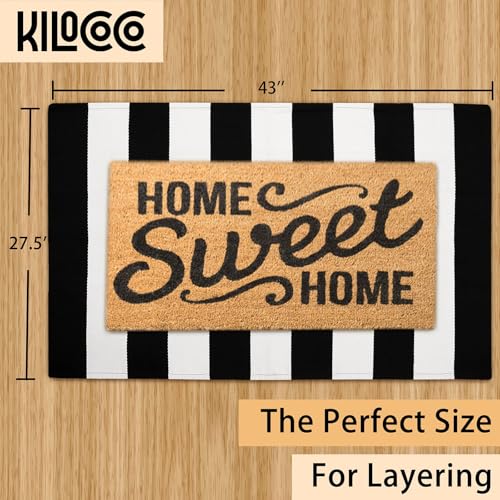 KILOCOCO Black and White Striped Rug 2.3'x3.6' Indoor Outdoor Rugs Front Door Mat Hand Woven Cotton Washable Striped Layered Doormats for Front Porch/Kitchen/Farmhouse/Entryway/Patio - color: Black and White Stripe, size: 2'4" x 3'7" (Rectangular)