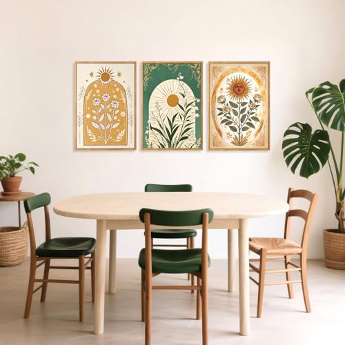 CHDITB Modern Bohemian Celestial Wall Art Set Of 3, Boho Sun Floral Tarot Wall Decor, Nature Mystery India Painting, Minimalist Green Lily Flower Art Prints For Dining Room Bedroom Decor 12”x16” - color: Boho floral