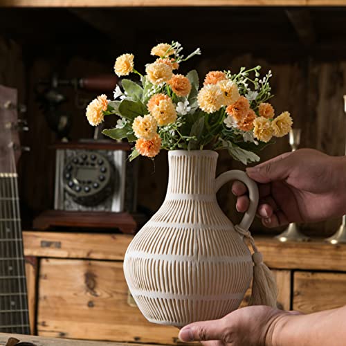 Mowtanco Rustic Ceramic Vase for Home Decor, Farmhouse Decorative Vases for Pampas Grass, Terracotta Vase with Tassel Design, Handle Flower Vase, Clay Vase for Living Room Decoration, 8 inch Tall - color: Gray - Round