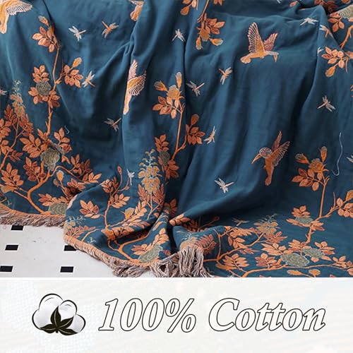 Snycler Boho Throw Blanket for Bed, 100% Organic Cotton Muslin Soft Throw-Floral Bird Farmhouse Rustic Spring Summer Fall Decor Blanket for Couch Sofa Quilt and Gift, 60" x 80" Orange - color: Orange Floral Bird, size: 60"x80"