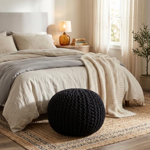 BIRDROCK HOME Round Pouf Ottoman Foot Rest - 18.5”x18.5”x15” Boho Compact Comfortable Soft Cotton Braided Foot Stool with Bean Bag Filling for Living Room, Bedroom, or Nursery (Black) - color: Black