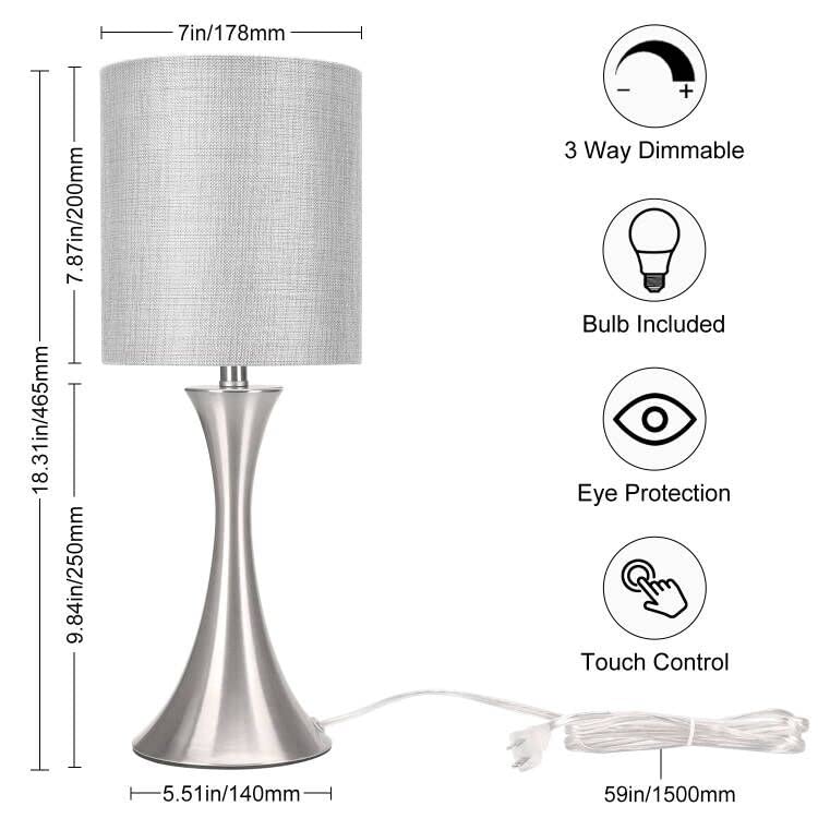 3 Way Touch Control Table Lamp, Dimmable Bedside Desk Lamp with Metal Base Modern Nightstand Lamp Stylish Grey Shade Simple Side Table Lamp for Bedroom, Living Room, Office or Den LED Bulb Included - color: Silver Base with Gray Shade