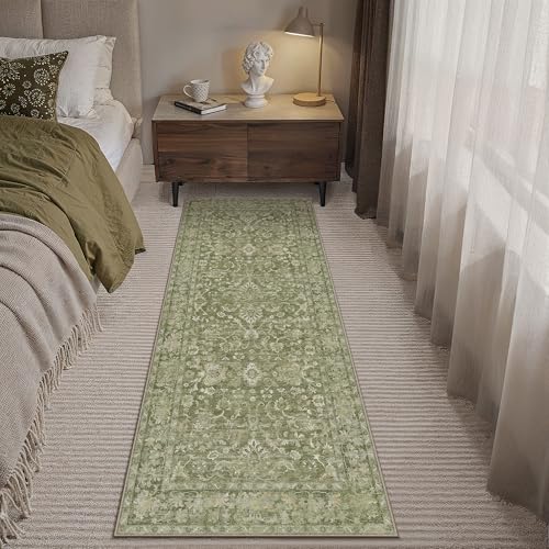 HUGEAR 2x6 Washable Vintage Runner Rug Green Neutral Distressed Low Pile Non Slip Soft Long Area Carpet Indoor Hallway Throw Rug for Entrance Kitchen Bathroom Laundry Living Room - color: Green, size: 2' x 6' (Runner)