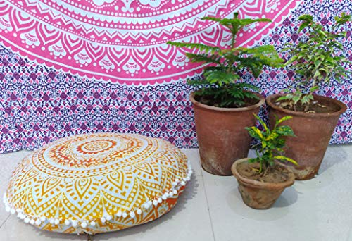 CRAFT KALA Mandala Floor Pillow Cushion Cover Seating Throw Cover Hippie Decorative Bohemian Ottoman Poufs Pom Pom Pillow Cases Boho Indian Cotton Living Room Yoga Home Décor (24" Round, Yellow Ombre) - color: Yellow Ombre, size: 24" x 24" (Pack of 1)
