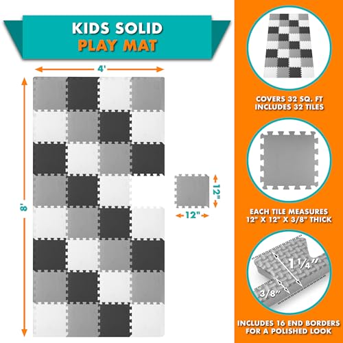 ProSource Baby Play Mat, Soft Foam Floor Tiles for Kids, Interlocking EVA Panels for Playpen Use, Crawling Development Surface, Safe Non-Toxic Toddler Flooring, 32 Tiles, Black/Gray/White - color: Black/Gray/White, size: 32 Tiles