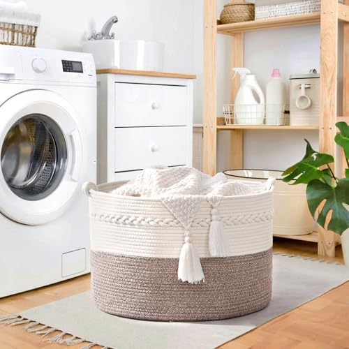 67L Large Blanket Basket, 20"x13" Woven Storage Baskets With Handle, Cotton Rope Blanket Basket Living Room, Baby Laundry hamper for Blanket, Nursery, Toy, Pillow (White & Oatmeal) - color: White & Oatmeal, size: 67L