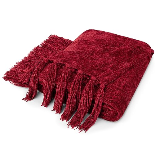 PAVILIA Burgundy Red Blanket for Couch, Twin Size Bed, Chenille Throw for Sofa Bed, Soft Knit Woven Maroon Blanket with Decorative Tassel for Living Room, Wine Red Twin 60x80 - color: Red, size: 60 X 80 Inches - Twin