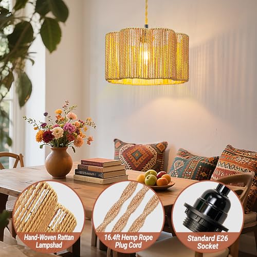 Hanging Lights with Plug in Cord Rattan Hanging Lamp Boho Ceiling Light Fixtures Farmhouse Pendant Lamp Shape for Living Room Bedroom Kitchen - size: 12.6 Inch-Flower Barrel Shade
