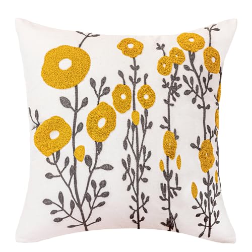 vctops Boho Floral Tufted Decorative Throw Pillow Cover Botanical Embroidered Cotton Cushion Cover for Couch Sofa Bed (Flower C,18"x18") - color: Flower C, size: 18" x 18" (Pack of 1)