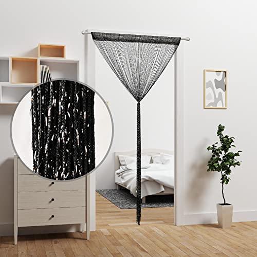 2 Pieces Door String Curtain Doorway Beads Curtains,Hanging Room Divider Beaded Decor Hippie Glitter Fringe Panel Closet Window Doors Sequin Sheer Boho Doors Tassel - color: Black