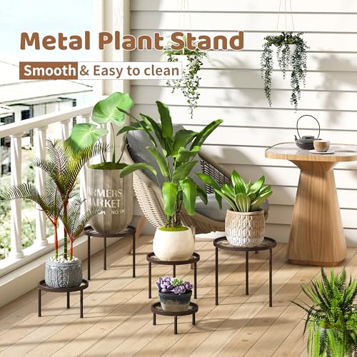 Plant Stand Indoor Outdoor 5 Pack Heavy Duty Metal Stand Multiple Plants, Anti-Rust Iron Flower Pot Stand Decoration Racks Plant Pot Shelf for Living Room Garden Balcony (Brown) - color: Brown