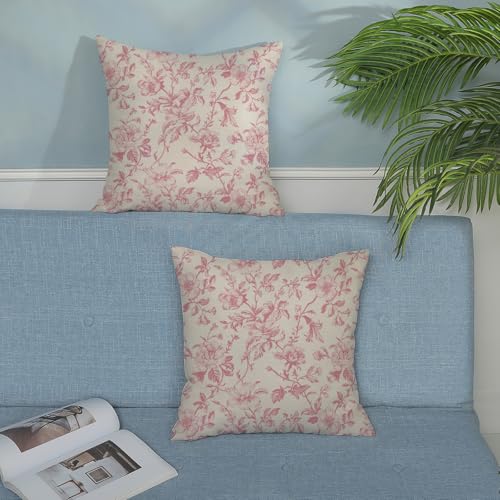 Pink Vintage Floral Pillow Covers 16x16 Inch 2 Pcs Preppy Pink Cream Rustic Toile Chinoiserie Flower Decor Throw Pillows Outdoor Decoration Pillowcase Linen Cushion Cover for Couch Sofa Bed - color: Pink Floral, size: 16" x 16" (Pack of 2)