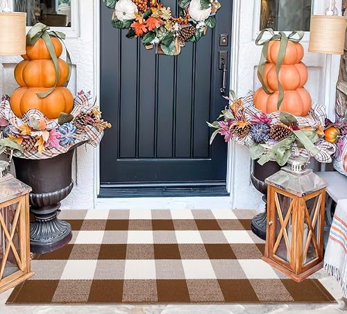 Front Door Mat Outdoor 24''x35''Buffalo Plaid Porch Mat Cotton Woven Machine Washable Carpet for Layered Doormat Hello/Welcome Door Mat,Kitchen,Farmhouse,Entryway - color: Coffee, size: 24''x 35''