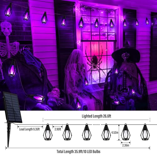 iBaycon Solar Halloween Lights, 27Ft 10 LED Bulbs Flickering Flame String Light, Outdoor Waterproof Solar Flame Lights for Garden Yard Patio Halloween Decorations (Purple) - color: Purple, size: 27FT