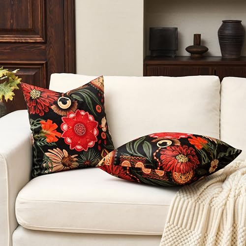 Tyrot Black Red Boho Floral Velvet Throw Pillow Covers 16x16 Inch Set of 2 Vintage Farmhouse Cushion Covers Mid Century Botanical Home Decor Pillow Cases for Couch Bed Sofa Living Room, Bedroom - color: Crimson Shadow, size: 16" x 16" (Pack of 2)