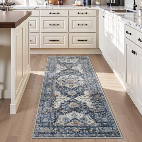 AMOAMI-2X6 Runner Rug-Washable Runners for Hallways-Soft Non Slip Bedside Rugs for Bedroom-Vintage Long Rug for Hallways Entryway Laundry Room Stair Kitchen Bathroom Blue - color: Blue, size: 2' x 6' (Rectangular)