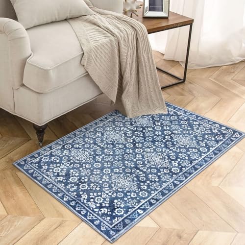 Vintage Washable Rug 2x3, Denim Blue White Small Area Rugs for Entryway, Floral Super Soft Kitchen Rugs, Throw Rugs Indoor Door Mat Thin Print Faux Wool Carpet for Entrance, Office, Farmhouse - color: Denim Blue and White, size: 2' x 3' (Rectangular)
