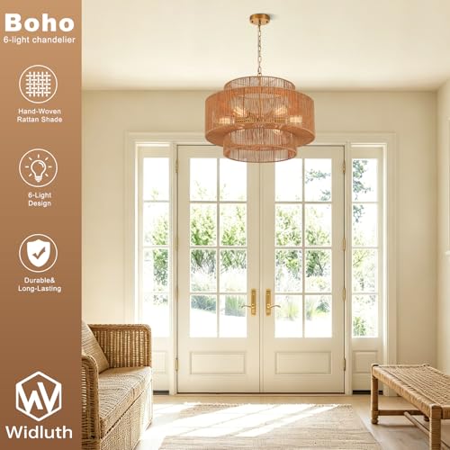 23.6" Large Rattan Chandelier Light Fixture,6-Light Hand-Woven Boho Light Fixture, 3-Tier Drum Wicker Chandelier for Dining Room, Bedroom, Kitchen Island, Foyer - color: Gold 23.6"