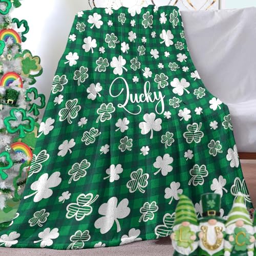 St Patricks Day Flannel Throw Blanket, Lucky White Shamrock Clover Buffalo Plaid Check Birthday Gifts for Kids Men Women, Irish Spring Soft Blankets for Bedding Sofa 50" x 60" - color: Lucky Clover
