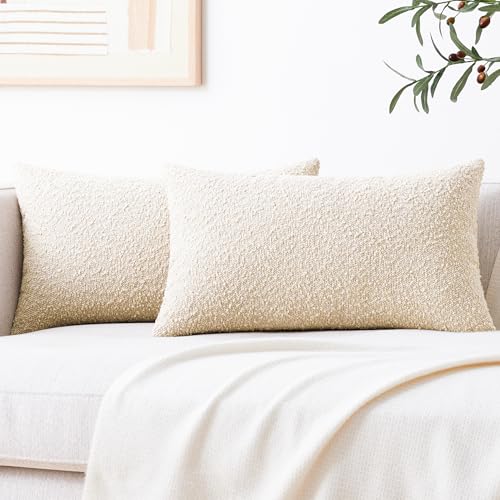 Mixhug Decorative Boucle Throw Pillow Covers, Beige, 12 x 20 Inches, Pack of 2 - Neutral Textured Boho Pillow Covers for Couch and Bed - color: Beige, size: 20" x 12" (Pack of 2)