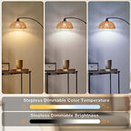 Rattan Floor Lamp- Modern Black Standing Floor Lamps with Remote Control and Stepless Dimmable Bulb, Hand-Worked Adjustable Rattan Lamp Shades Bohemian Floor Lamps for Living Room, Bedroom, Office - style: Black Rattan Arc Floor Lamp