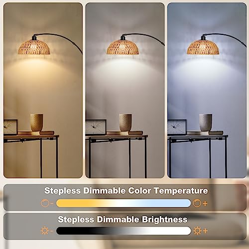Rattan Floor Lamp- Modern Black Standing Floor Lamps with Remote Control and Stepless Dimmable Bulb, Hand-Worked Adjustable Rattan Lamp Shades Bohemian Floor Lamps for Living Room, Bedroom, Office - style: Black Rattan Arc Floor Lamp