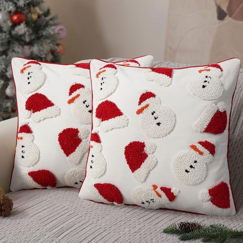 Adabana Christmas Pillow Covers 18x18 Inch Tufted Red Snowmen Santa Hat Decorative Winter Soft Holiday Decor for Couch Bed Sofa Living Room Bedroom - color: Christmas Snowman:red and White