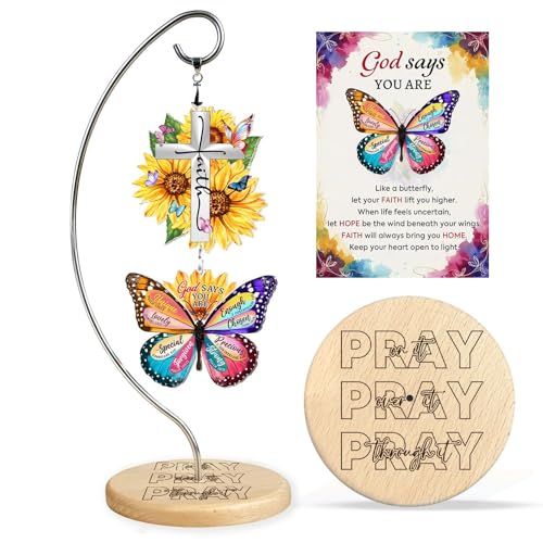 Christian Gifts for Women Faith - Butterfly Gifts for Women Religious - Sunflower Birthday Gift for Woman - Inspirational, Religious Gifts for Sister, Friend, Daughter, Mom - Office Desk Accessories - color: 01 - Cross Faith Sunflower Butterfly God Says