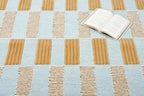 Checkered Hand-Tufted 100% Wool Area Rug - 1x1 Ft (Sample), Square Light Blue Base with Mustard and Beige Blocks, Olive Green Scalloped Edge, Cotton Backing Plush Carpet for Bedroom & Nursery - color: Light Blue, Beige, Green, size: 1x1 Ft (Sample)