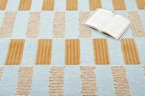 Checkered Hand-Tufted 100% Wool Area Rug - 5x5 Ft, Round Light Blue Base with Mustard and Beige Blocks, Olive Green Scalloped Edge, Cotton Backing Plush Carpet for Bedroom & Nursery - color: Light Blue, Beige, Green, size: 5x5 Ft (Round)