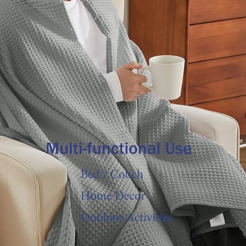 100% Egyptian Cotton Waffle Weave Throw Blanket for Bed Couch Sofa Home Decor, Soft Lightweight Bed & Couch Blanket for All Seasons (Light Grey - King Size - 104 * 90") - color: Light Grey, size: King - 104*90''